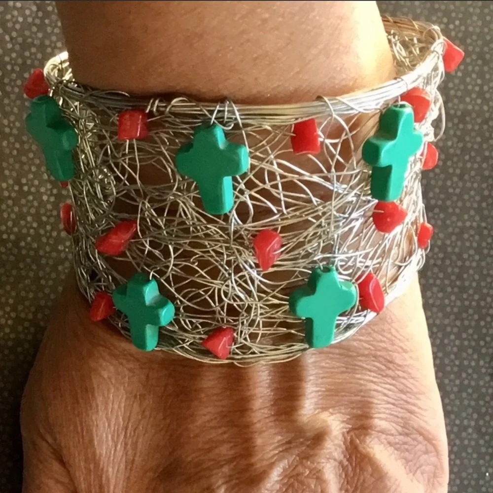 Turquoise & Red Agate Gemstone Free Form Cuff
